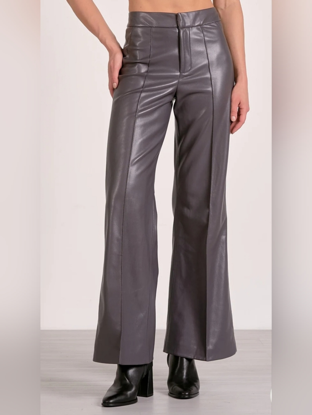 Elan Jolene Faux Leather Wide Leg Flare Pants- In Charcoal